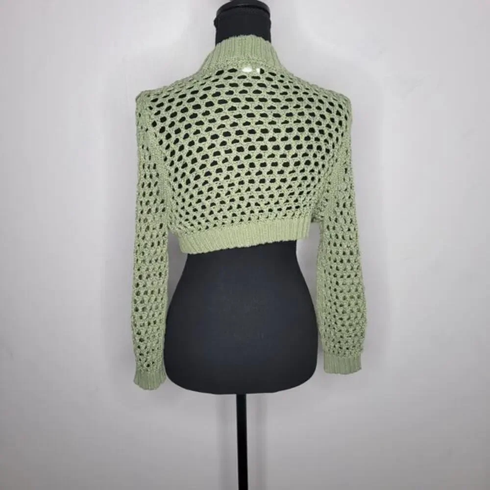 Cropped‎ Sweater Fish Knit Size Large Olive Green Cover Up Crochet Club